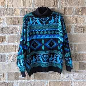 Vintage 80s Blue Green Slouchy Turtleneck Sweater Size Large Black